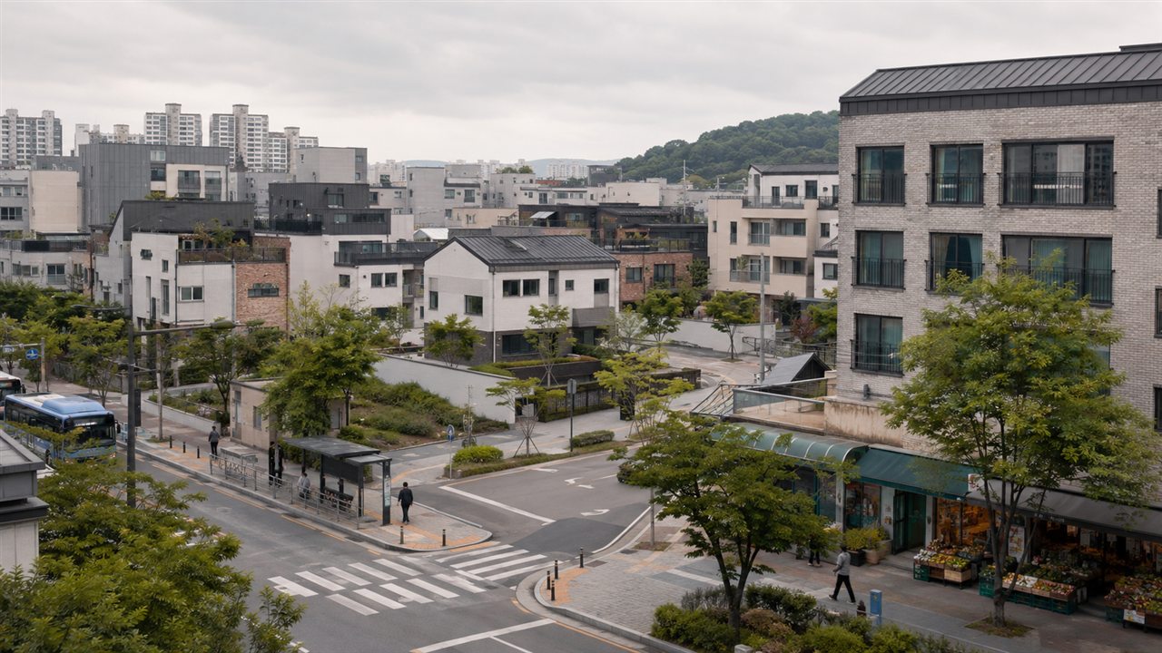 주거지의 버스 정류장 주변에 생활 상점과 보행 공간이 모여 있는 모습