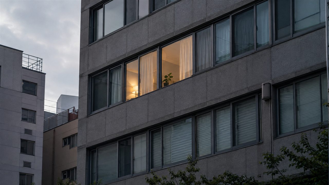 회색 오피스텔 외벽의 여러 창 가운데 커튼과 조명, 화분이 보이는 한 세대