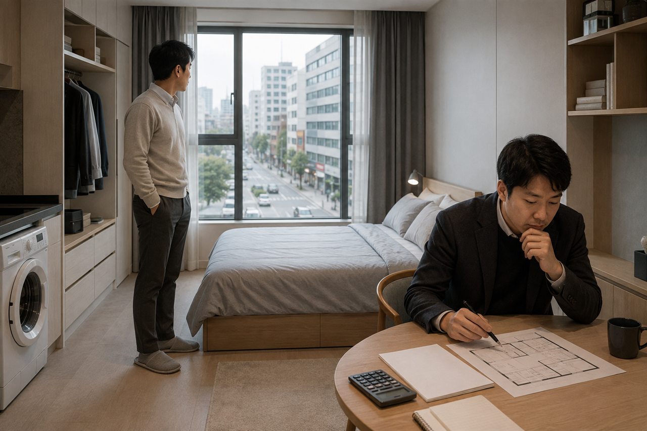 오피스텔 내부를 살펴보는 사람과 탁자에서 평면도와 계산기를 검토하는 사람