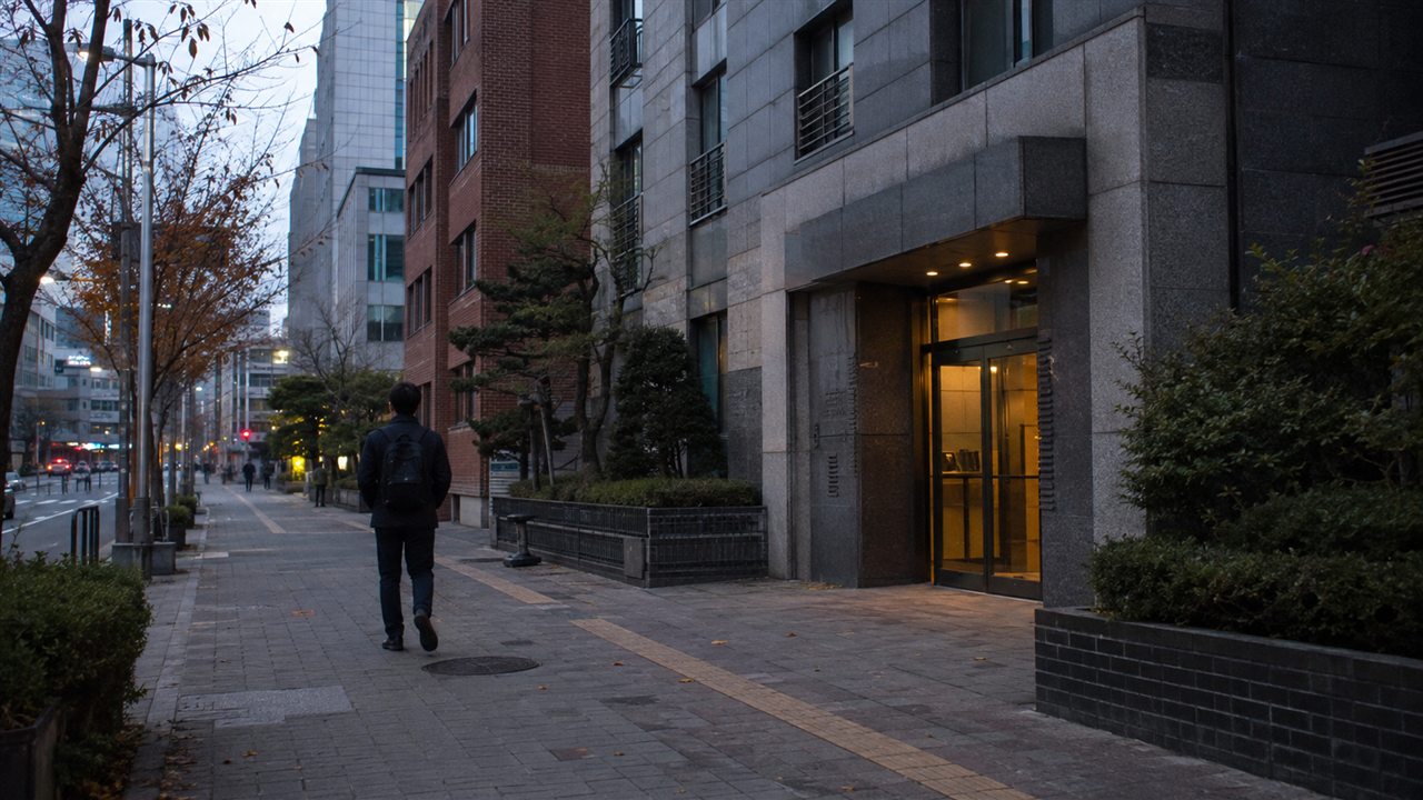 업무지구 보도에서 귀가하는 사람이 불이 켜진 중층 주거 건물 입구로 향하는 모습
