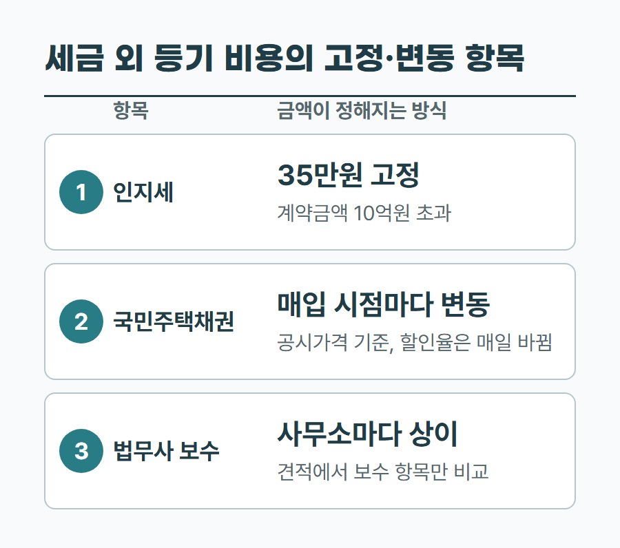 인지세, 국민주택채권, 법무사 보수가 각각 어떤 방식으로 금액이 정해지는지 정리한 표