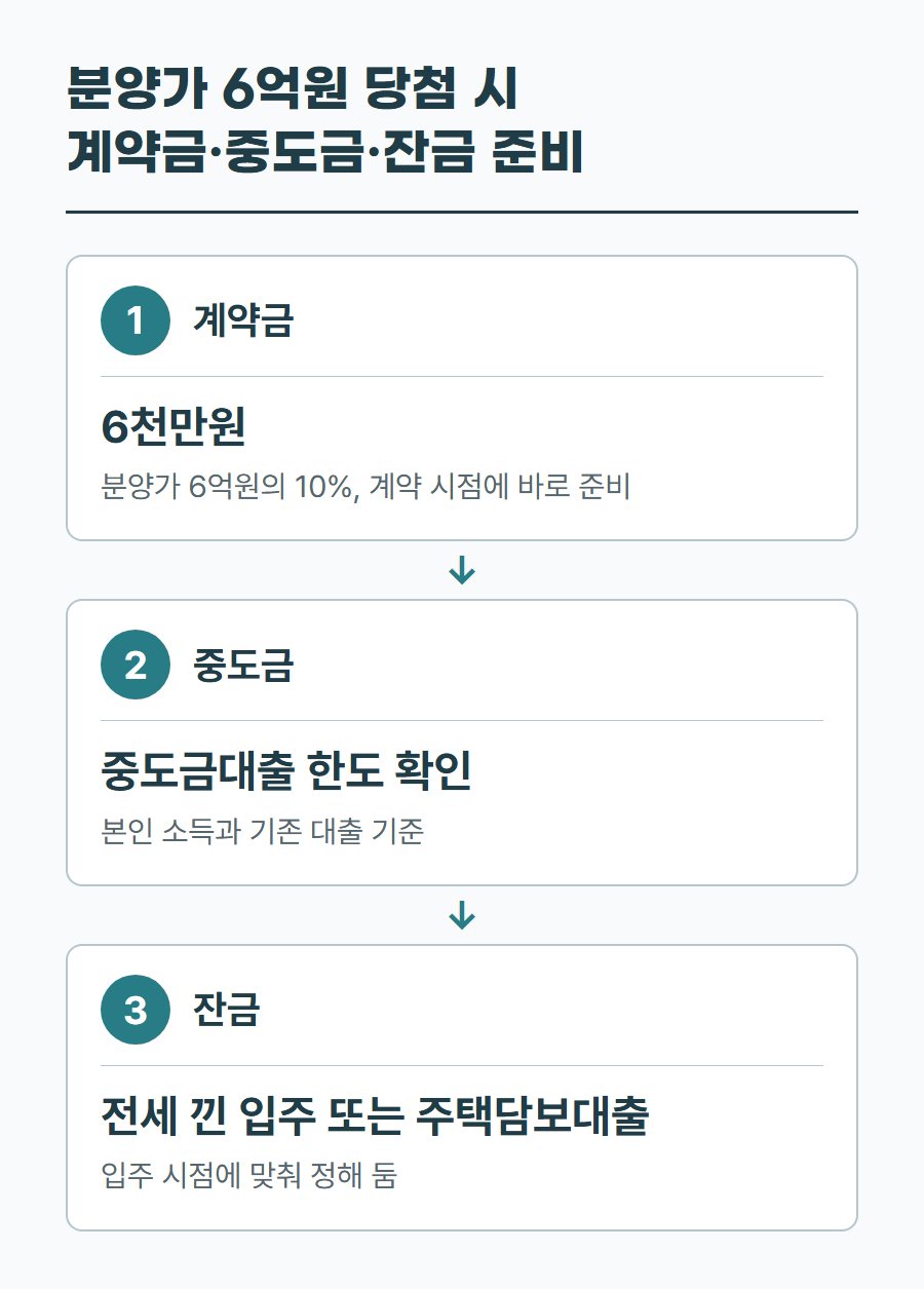 분양가 6억 원 주택 당첨 시 계약금, 중도금, 잔금 단계별로 준비하거나 확인할 내용을 정리한 표