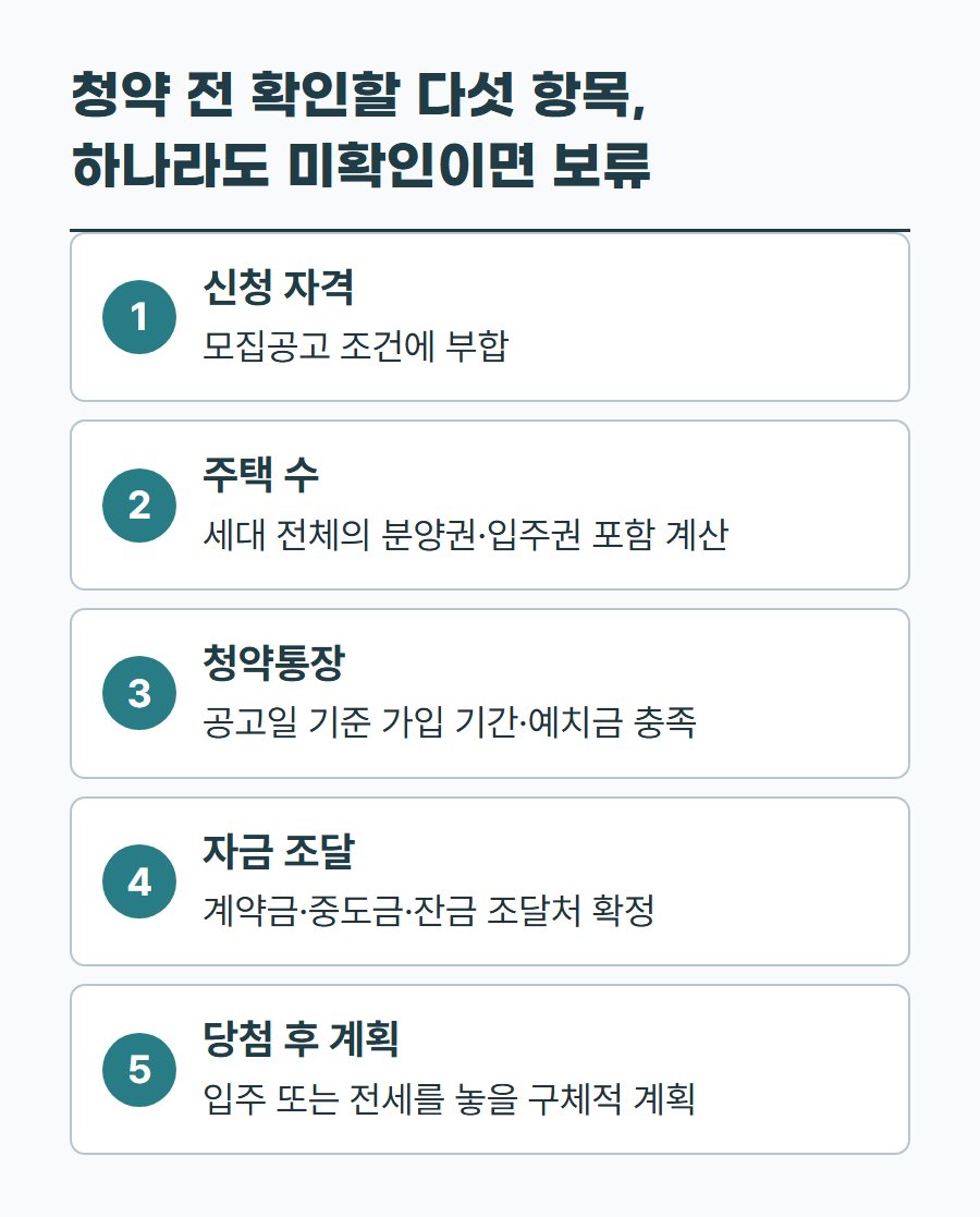 청약 신청 전 확인할 다섯 항목인 신청 자격, 주택 수, 청약통장, 자금 조달, 당첨 후 계획을 정리한 점검표
