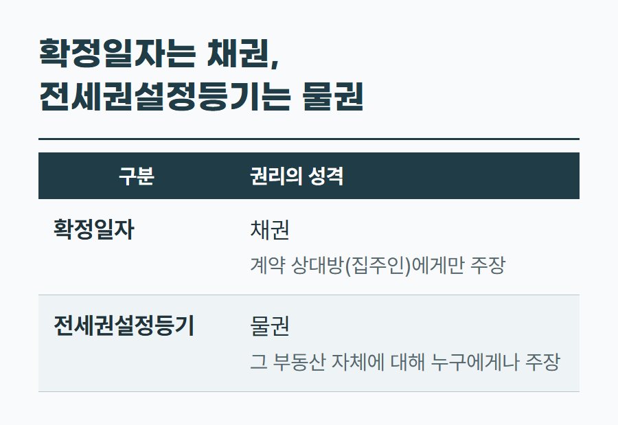 확정일자 우선변제권은 채권, 전세권설정등기는 물권이며 주장할 수 있는 상대가 다르다는 비교 표